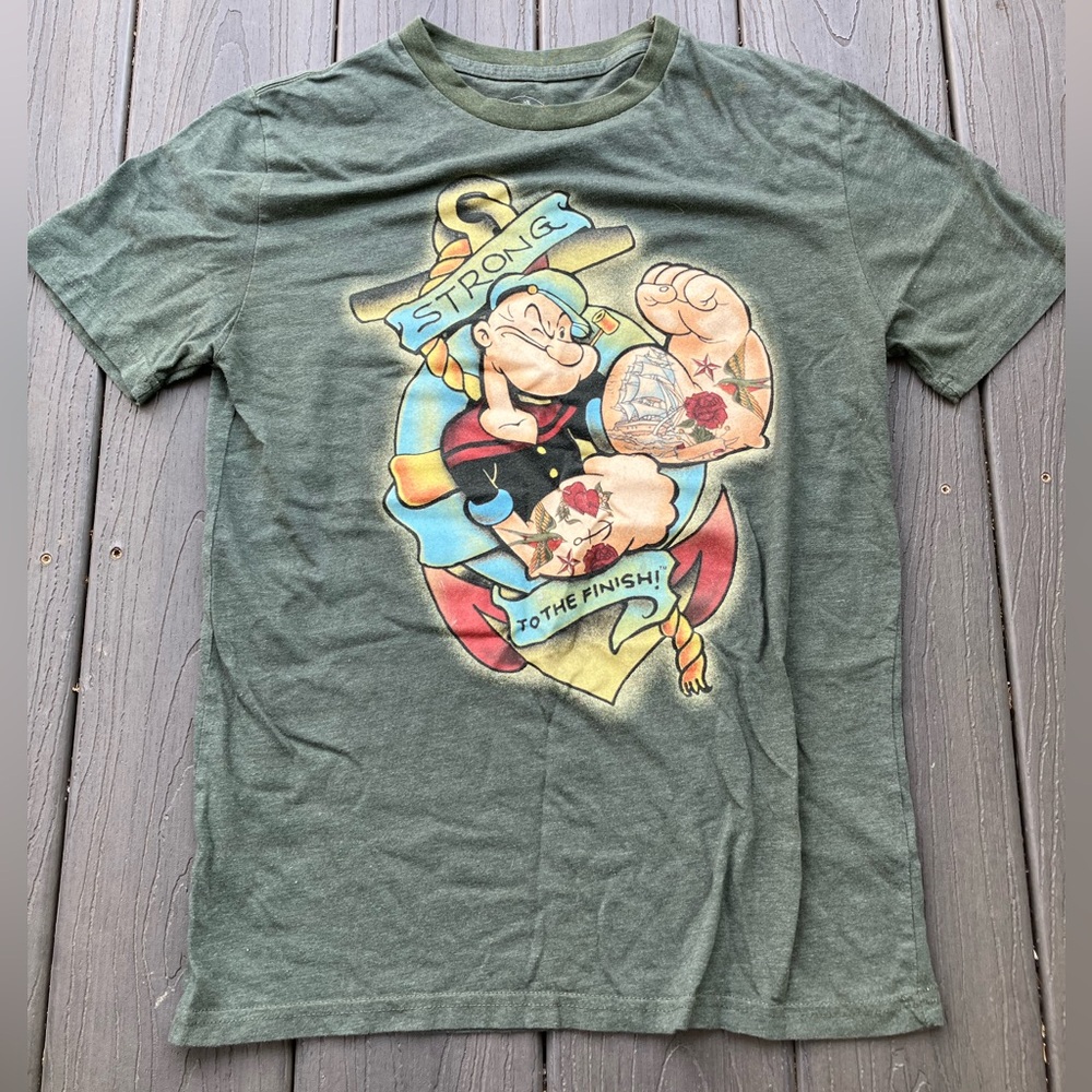 Vintage Y2K Popeye Strong To The Finish Tattoo Faded Grunge TShirt Small